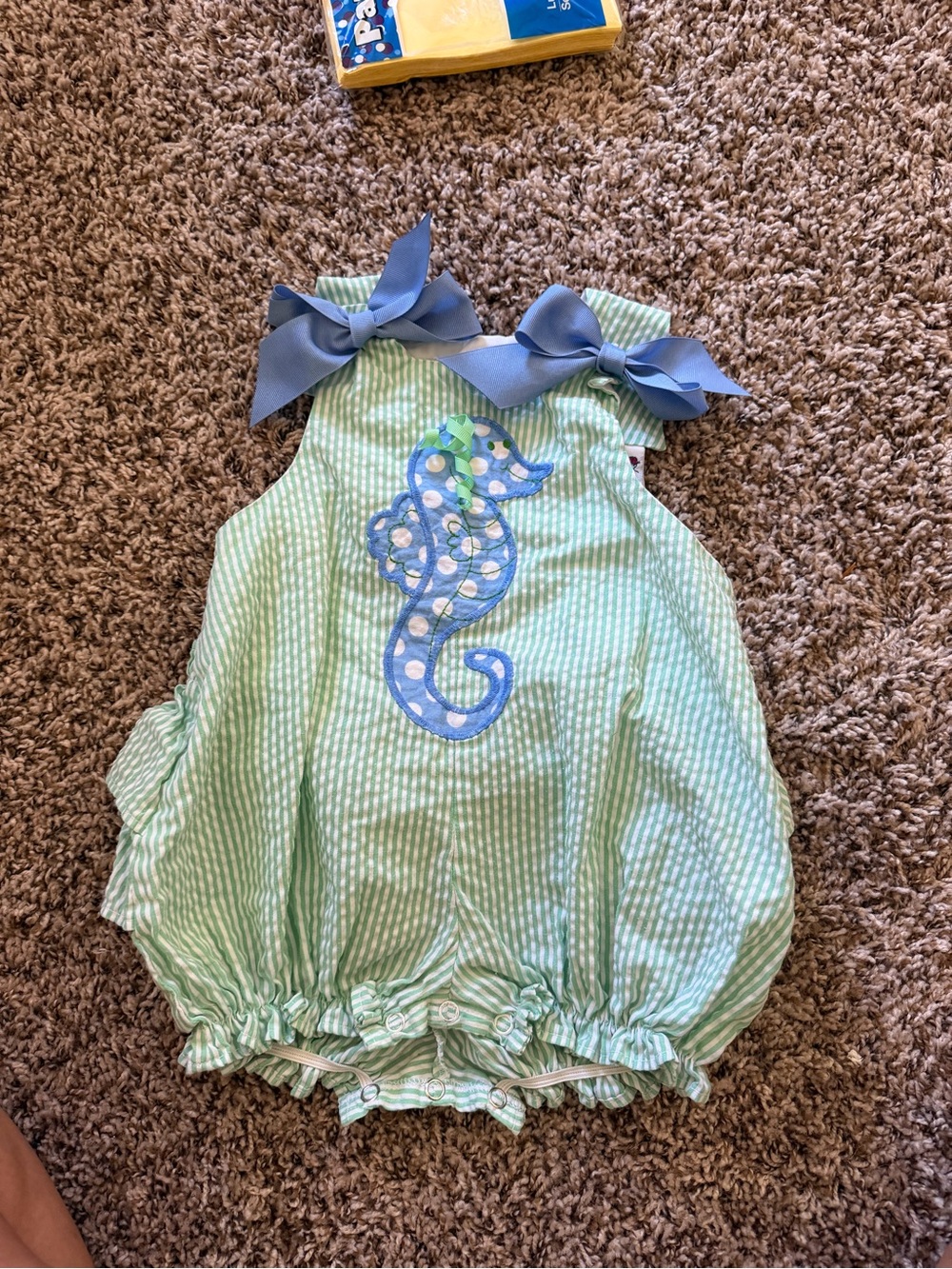 Green Seersucker Seahorse Baby Bubble Romper with Blue Bows